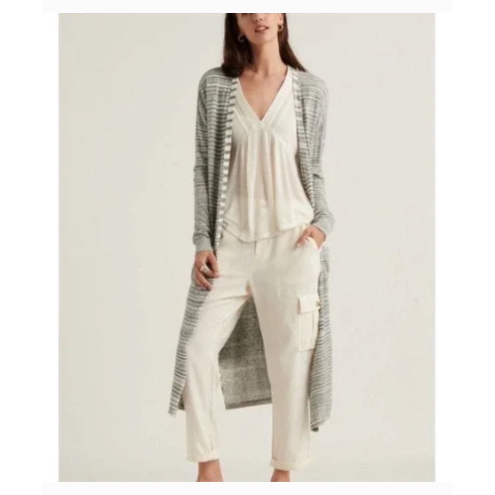 Lucky Brand Women's Cardigan, Open Front, Gray White Striped, Size Medium
